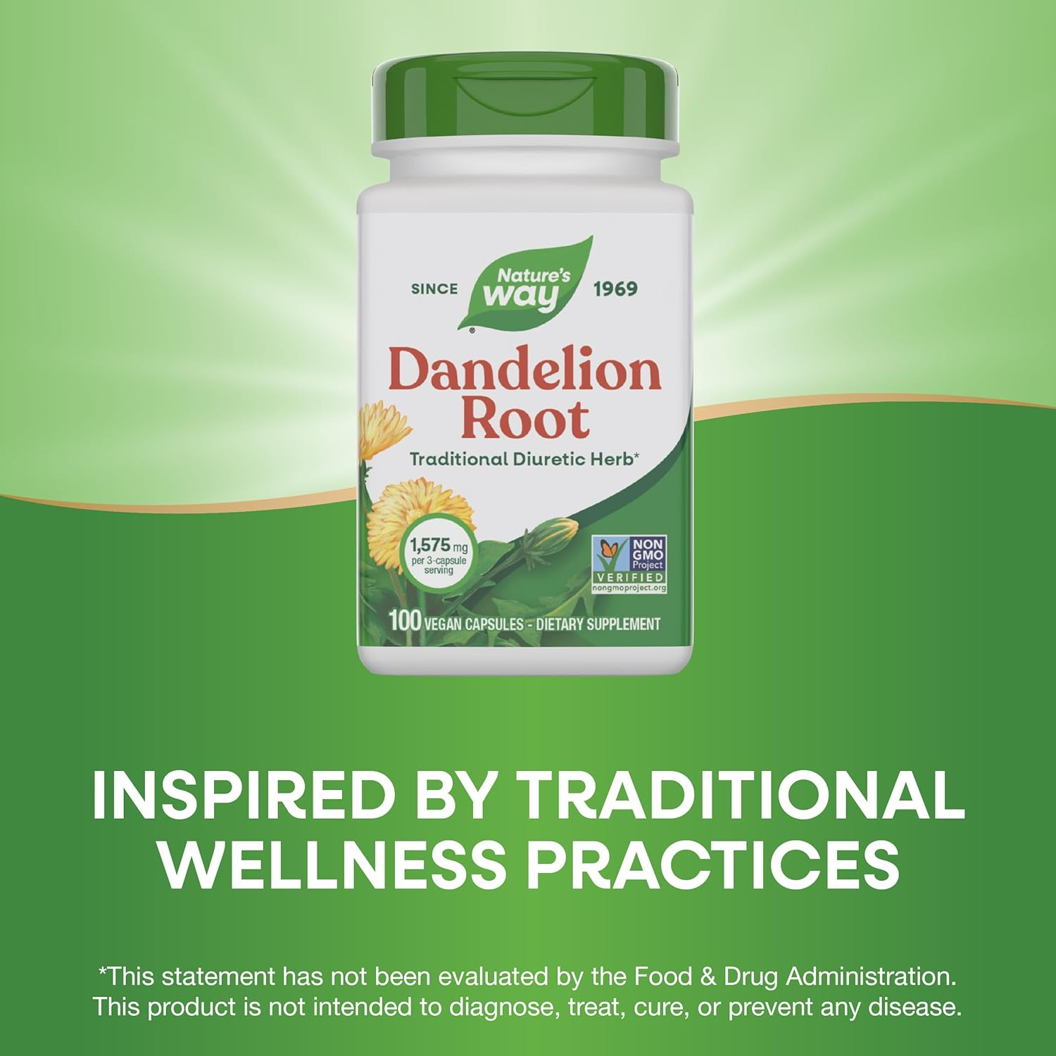 Nature'S Way Dandelion Root; 525 Mg Dandelion Root per Serving; Non-Gmo Project Verified; Gluten Free;Vegetarian;100 Vegetarian Capsules