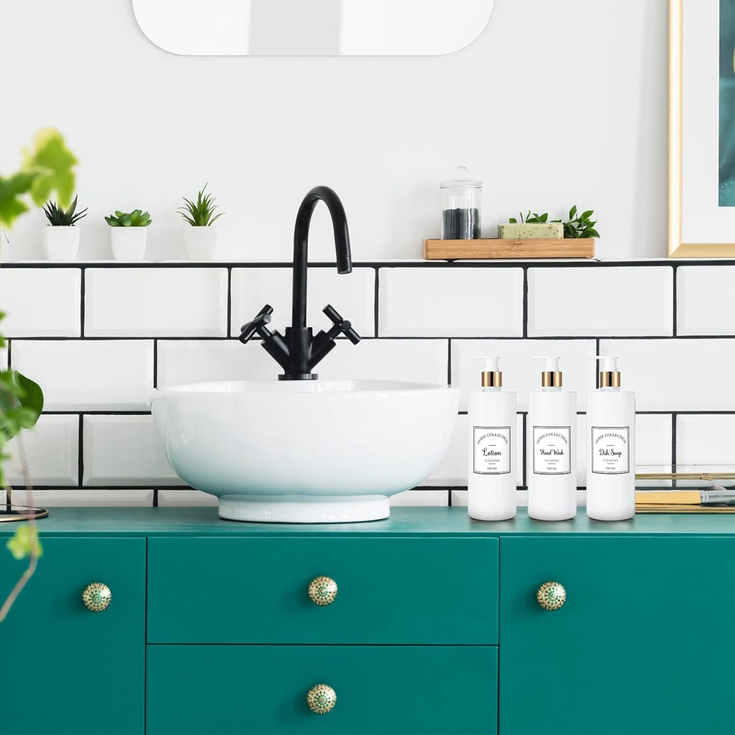 3 Pieces 16Oz Pump Bottle Set Shampoo and Conditioner Bottle Plastic Refillable Soap Dispenser Shower Dispenser with 6 Label Sticker for Lotion Body Massage (Gold and White) - 25,Silver image number 4