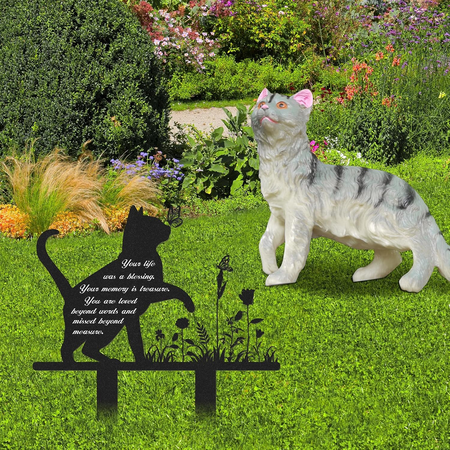 Rngmsi Memorial Pet Grave Markers - Metal Cat Garden Stake Cat Memorial Plaque Cat Grave Marker Cemetery Outdoors Waterproof Grave Stakes Plaque Pet Headstone Memorial Grave Markers(13.4 X 12 In)