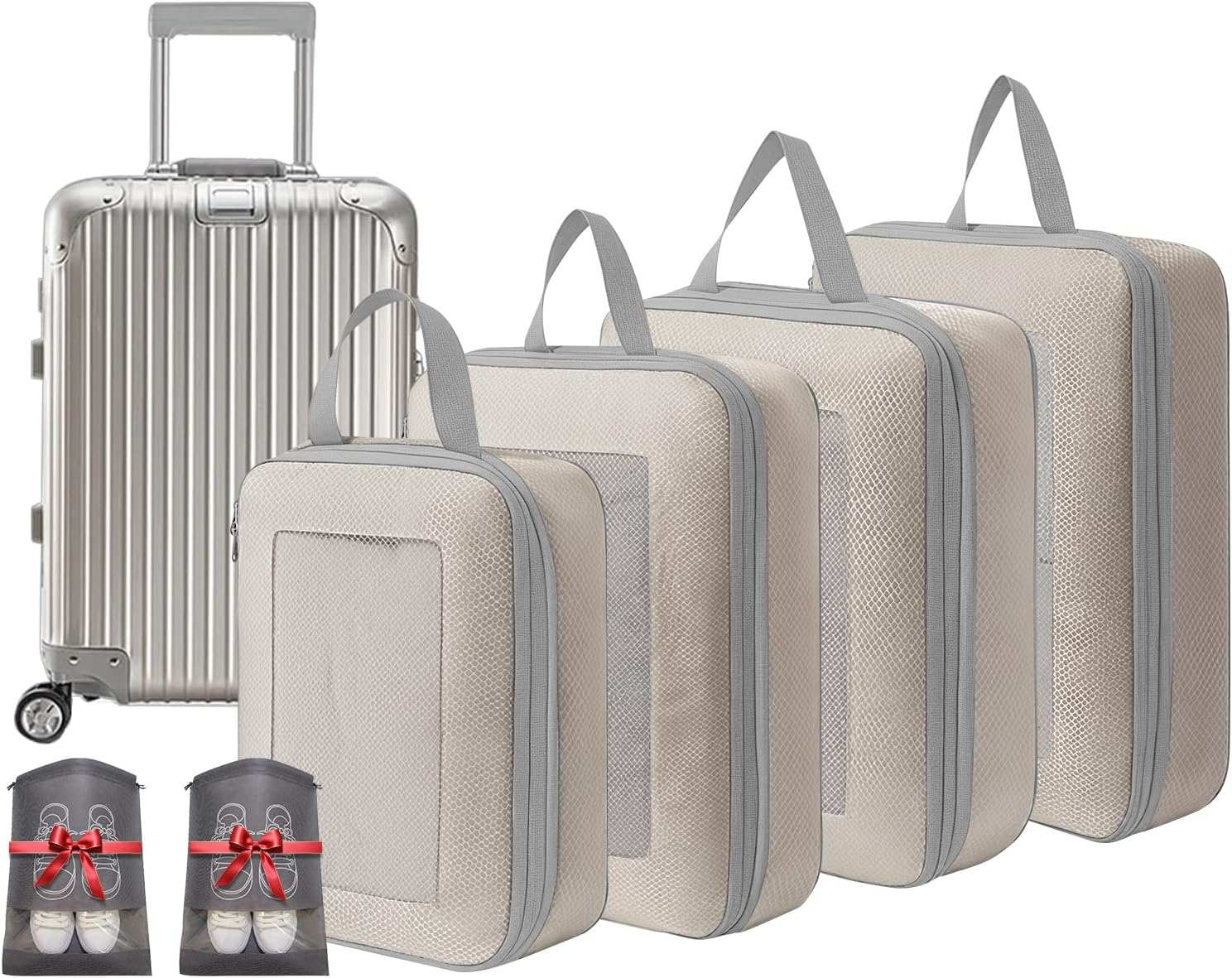 10 Set Lightweight Compression Packing Cubes Travel Organizer for Carry-On Luggage Suitcase Backpack, Space-Saving Luggage Organizer Bags with Extra Shoe Bags, Lake Blue