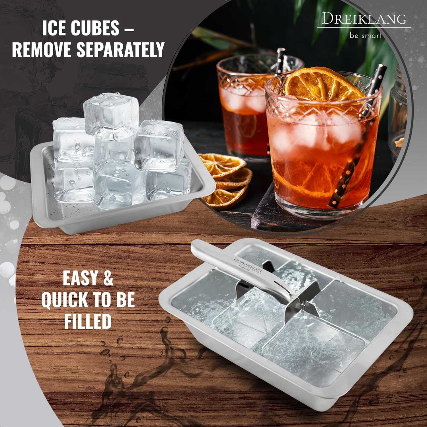 Dreiklang - Be Smart&reg; 18/8 Stainless Steel XXL Ice Cube Tray for Whiskey with Lever Insert for Effortless Removal, Polished, Food-Safe & Durable Cocktail Long Drinks, Alternative to Ice Stones