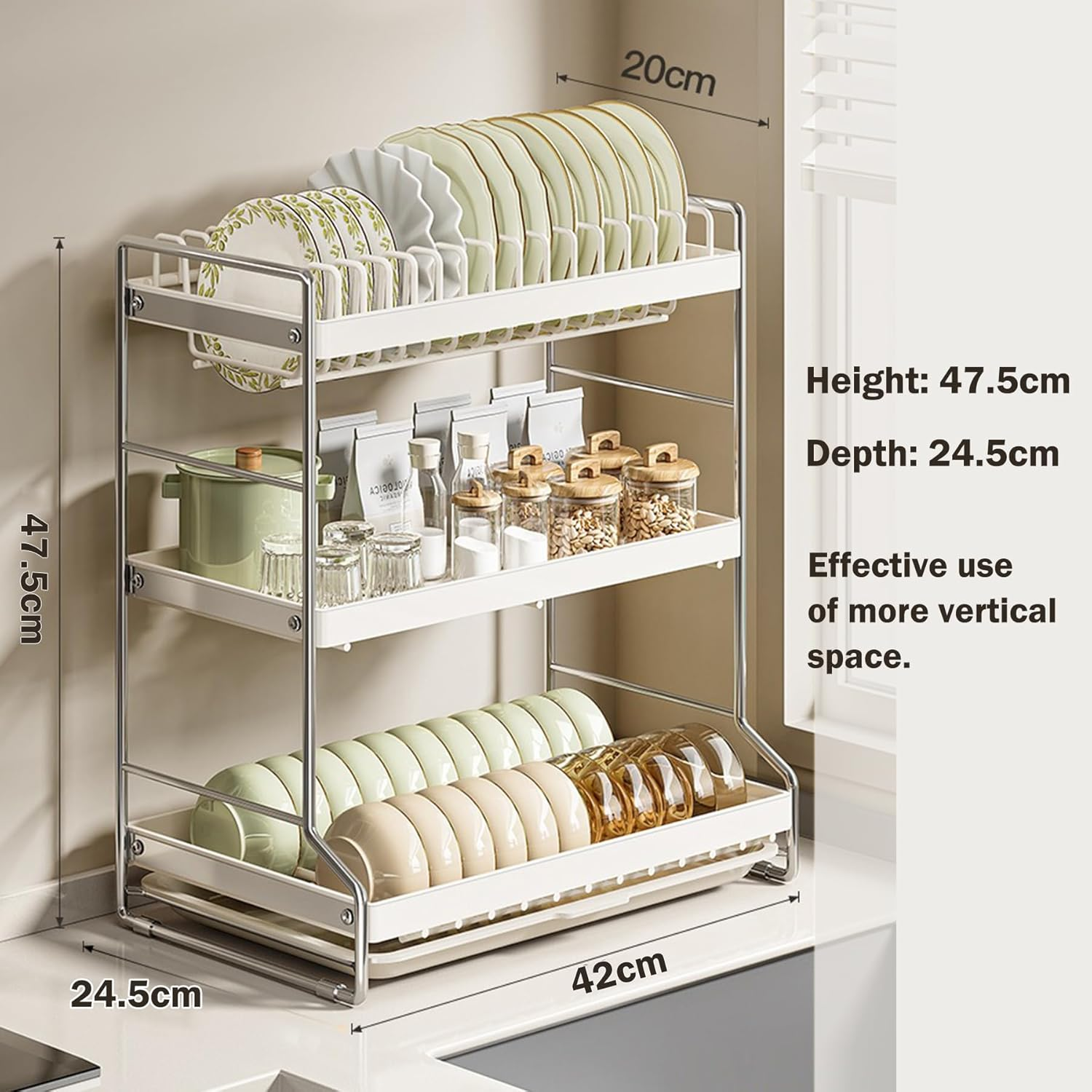 Hoisimdy Dish Drying Rack 3 Tier Kitchen Draining Rack Large Capacity with Cutlery Holder Drip Tray image number 2