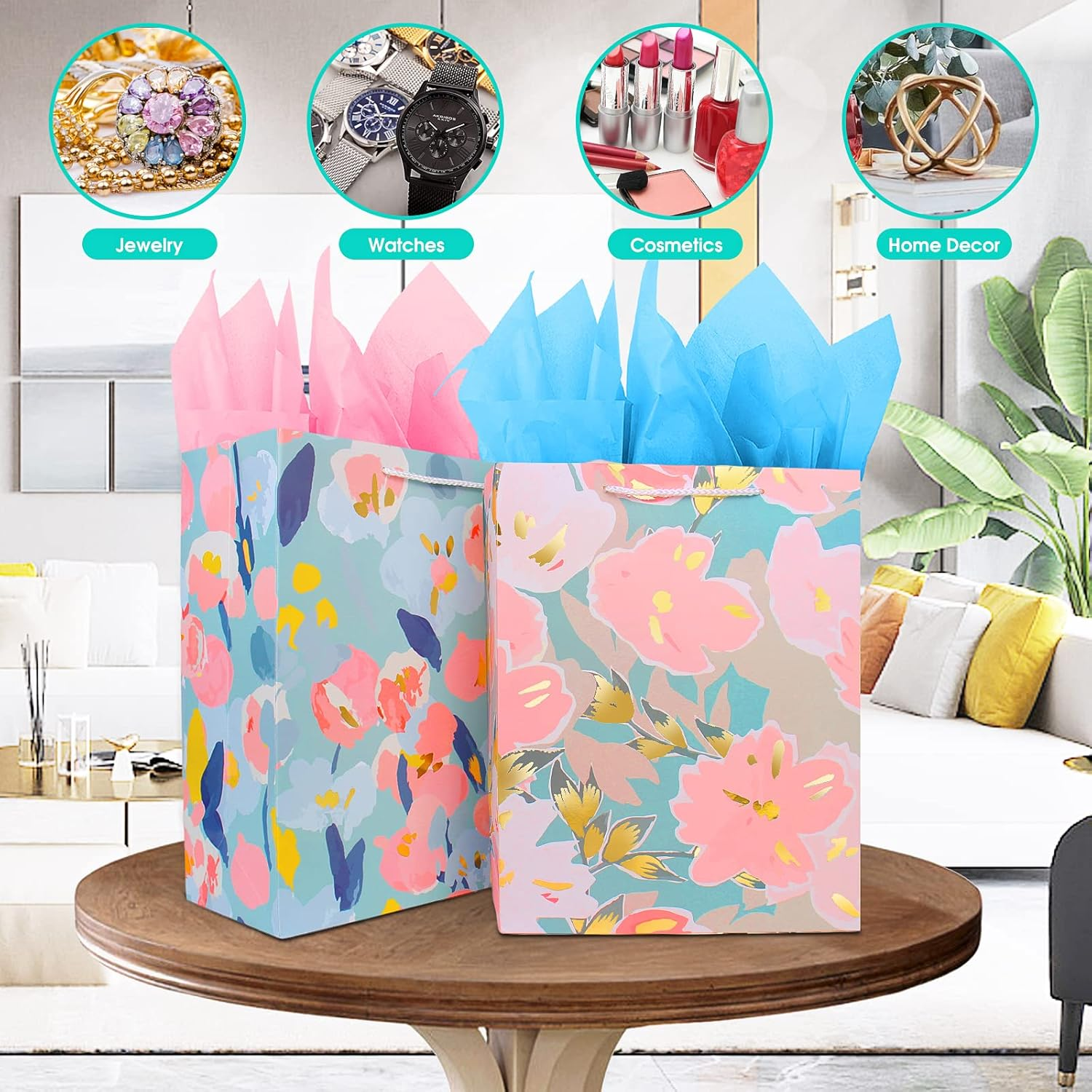 Gift Bag for Women Girl Her,Large Gift Bag with Tissue Paper,Elegant Birthday Gift Bag with Flower Foil Gold Marking,Big Gift Bag Birthday Gift Wrap Bag,Birthday Bag Present Bag for Birthdays Mother'S Day Bridal Shower Wedding Retirement Anniversarie Engagement Any Occasion - Turquoise,Pink image number 5