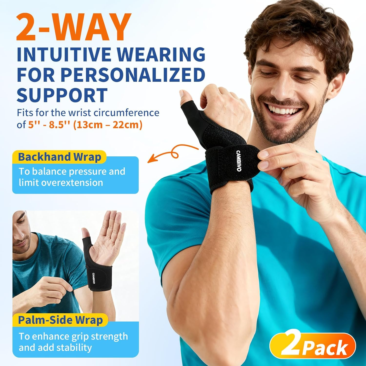 CAMBIVO 2 Pack Wrist Brace, Wrist Compression Wraps with Custom Support, Ergonomic Wrist Band for Daily Support, Light Exercise, Carpal Tunnel, and Tendinitis, Fits Left & Right Hand image number 2