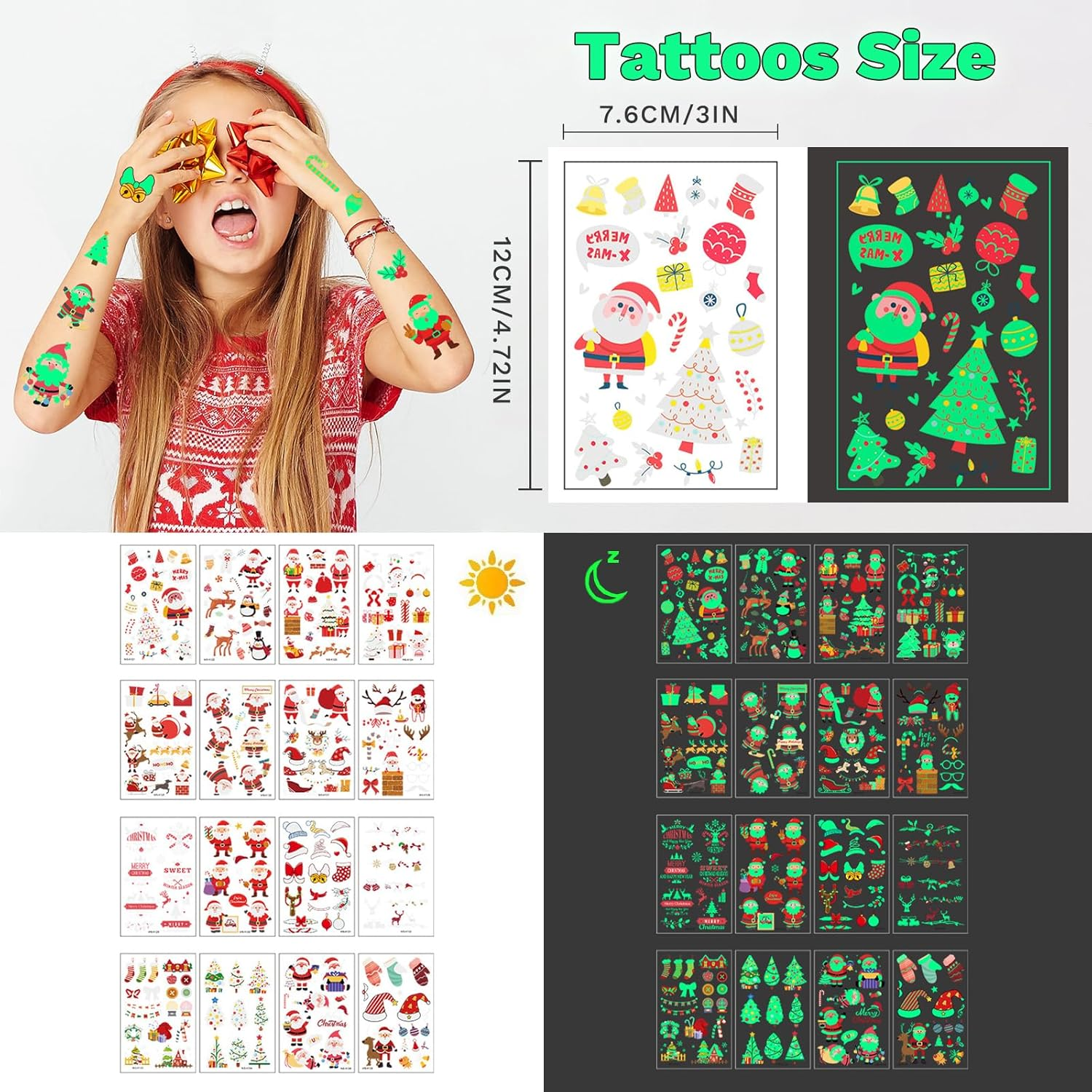 16 Sheets 210 Pieces Christmas Luminous Temporary Tattoos Stickers for Kids Adults, Cute Tattoo Decorations, Glow in the Dark Tattoos Waterproof Tattoos Stickers for Holiday Christmas Kids Gifts image number 5