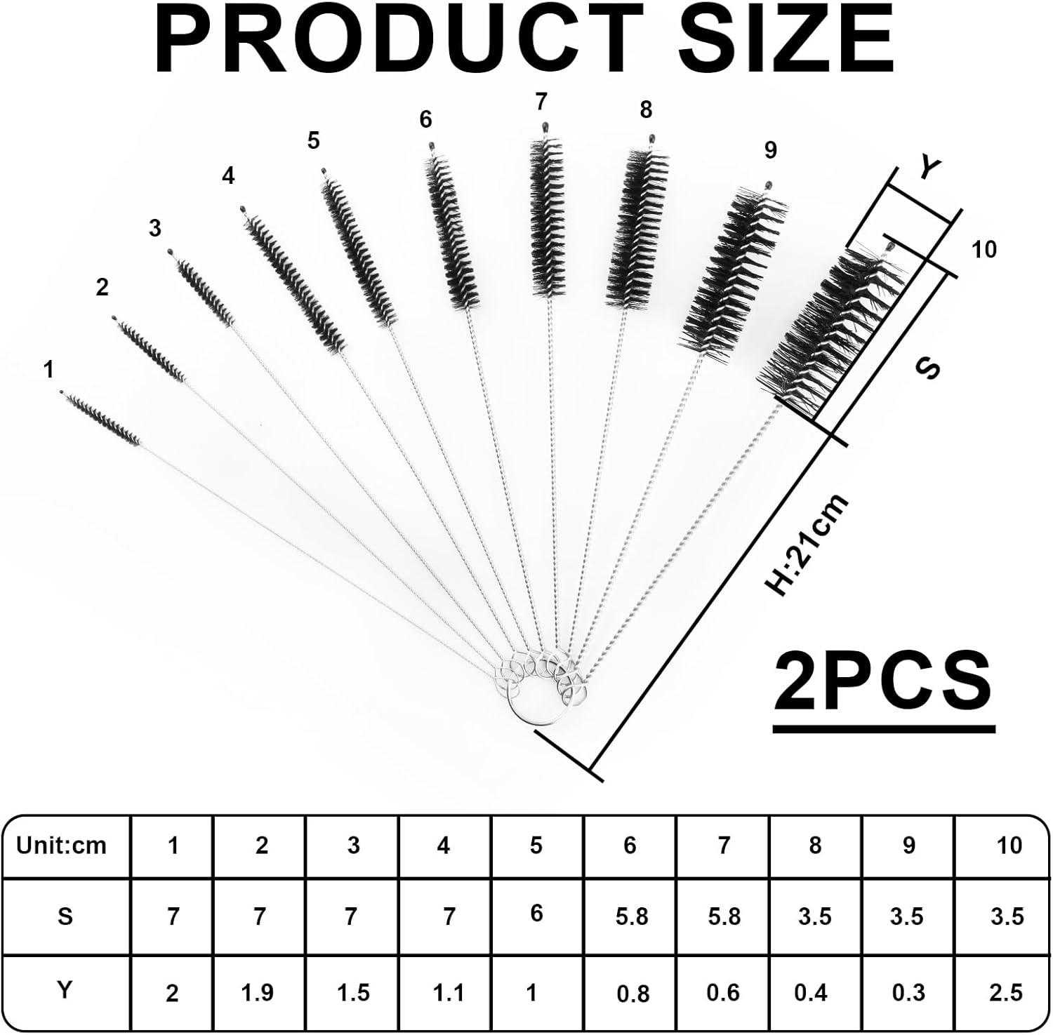 2 Pcs Small Pipe Cleaning Brushes - Black and White Premium Reusable Eco-Friendly Straw Cleaning Set, Ten Different Sizes of Brushes Suitable for Narrow Bottles, Glass Tubes and Hard-To-Reach Places image number 4