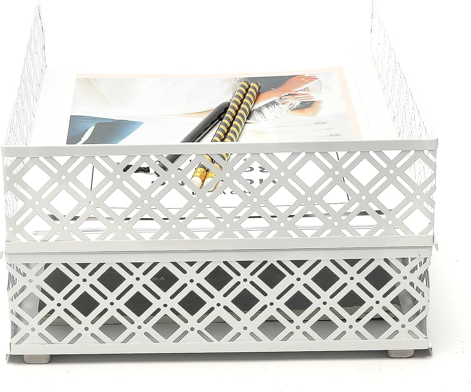 Exerz Letter Trays 2Pcs Stackable Paper Sorter/Desk Organiser/File Tray for Desk - Wire Mesh Metal File Rack - Office, School, Home Study (White) - Light Pink image number 2