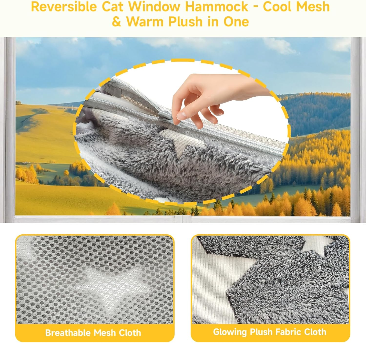 Homegroove 2 Pack Cat Window Perch, 24 X 12 Inch Foldable Cat Hammock for Window with Sturdy Metal Frame, Cordless Window Bed for Resting Seat for Indoor Cats (Grey-With Star Pattern, 60 X 30 CM) image number 5