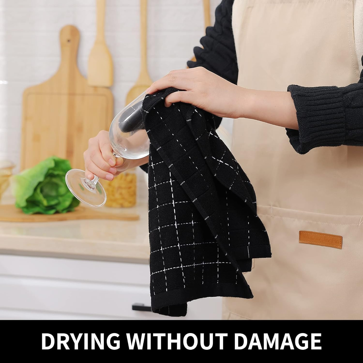 100% Cotton Terry Kitchen Towels(Black, 11.8 X 11.8 Inches), Checkered Designed, Soft and Super Absorbent Dish Towels, 4 Pack image number 2