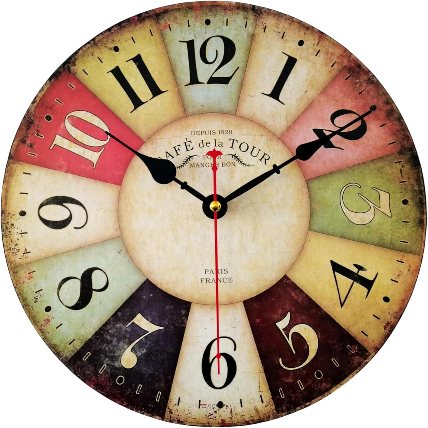 Qukueoy 12 Inch Thick Wood Kitchen Wall Clock Retro Farmhouse Clocks for Living Room Decor Bedroom Restaurant,Silent Battery Operated,Colorful Tuscan Country Style image number 6