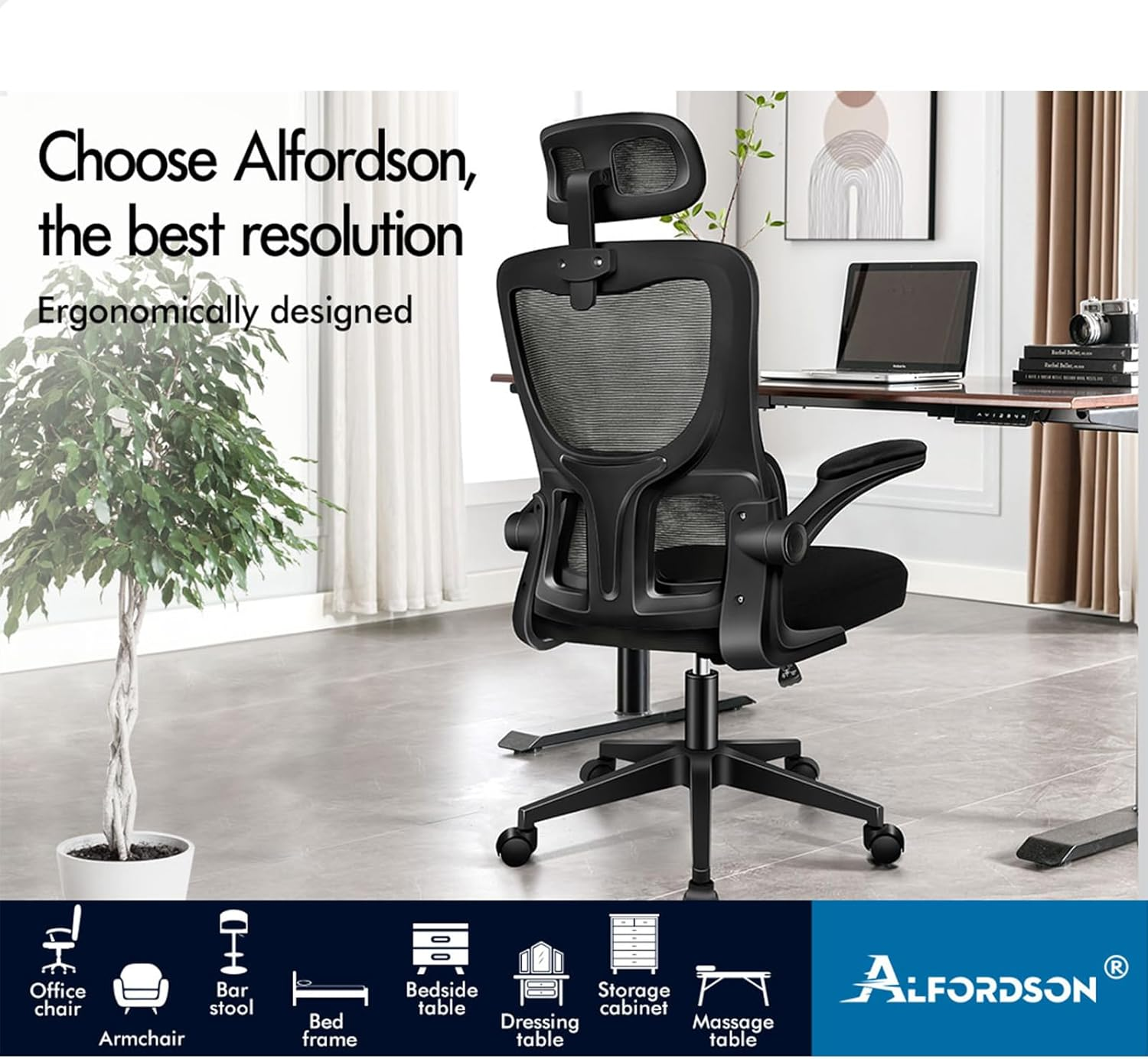 ALFORDSON Mesh Office Chair Ergonomic Mid-Back Nyles Series, Adjustable Flip-Up Arm & Headrest Gaming Racing Task Chair, Student Computer Study Desk Chair for Home Office, All Black image number 5