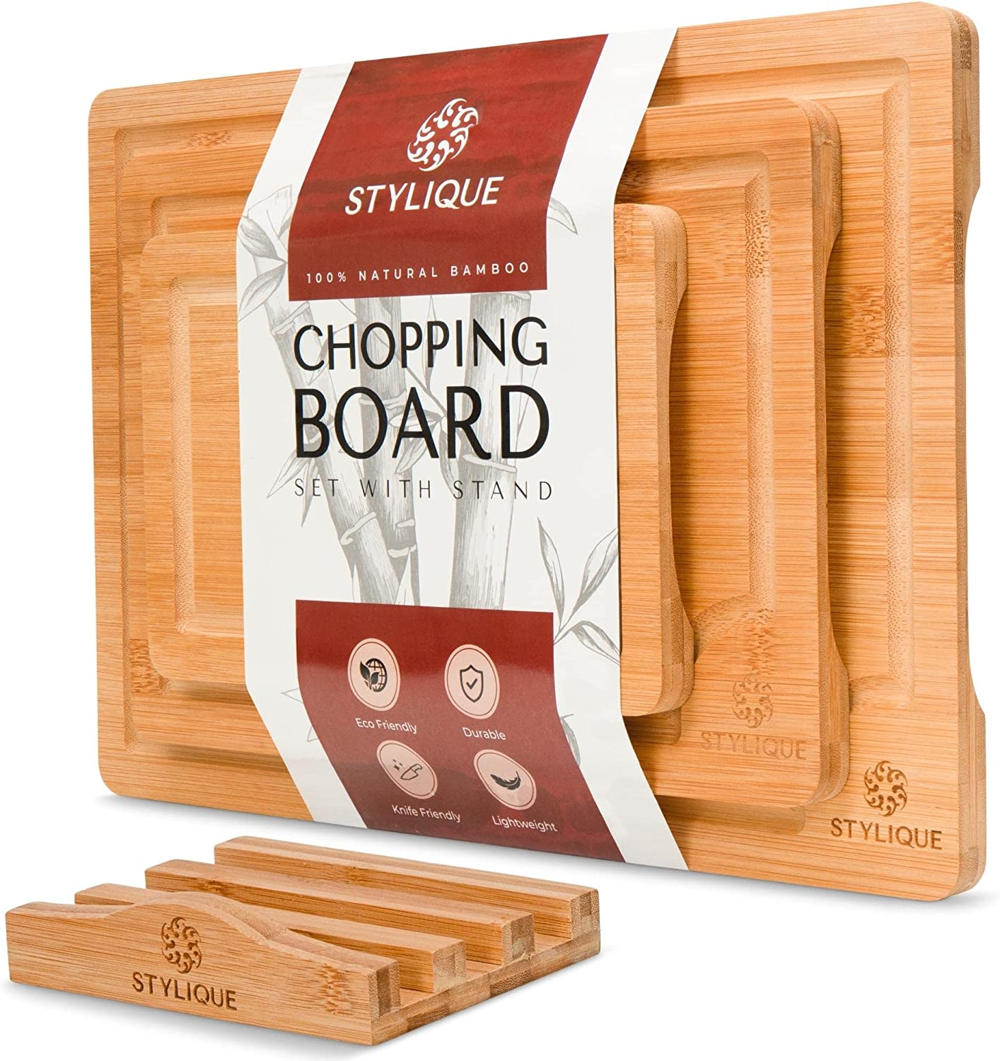 STYLIQUE Wooden Chopping Board Set of 3 with Cutting Board Organiser, Meal Prep Wooden Cutting Boards, Large Chopping Board and Serving Tray, Cheese Board, Kitchen Tools Gadgets, Bamboo Chopping Board image number 6