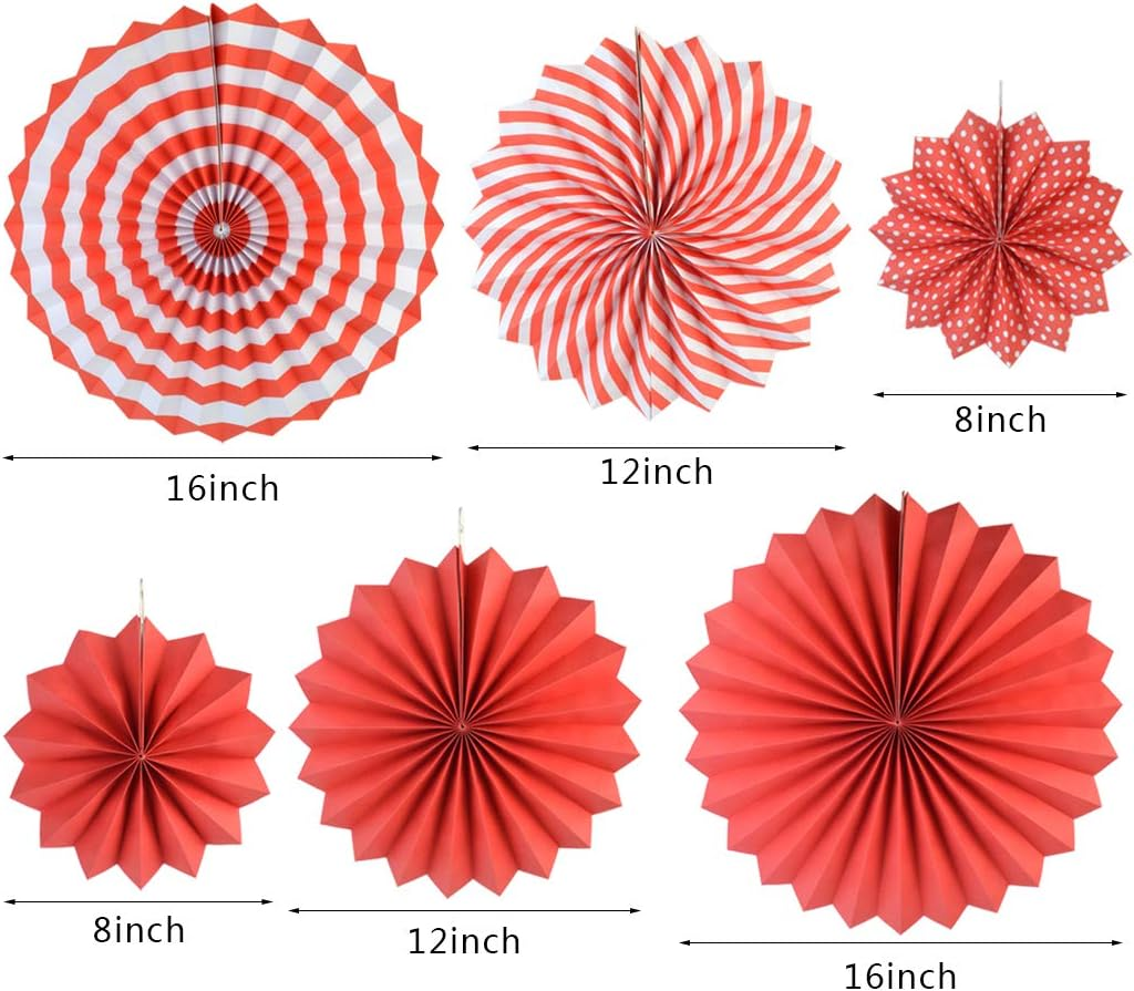 Party Hanging Paper Fans Set, Red round Pattern Paper Garlands Decoration for Birthday Wedding Graduation Events Accessories, Set of 18 Red