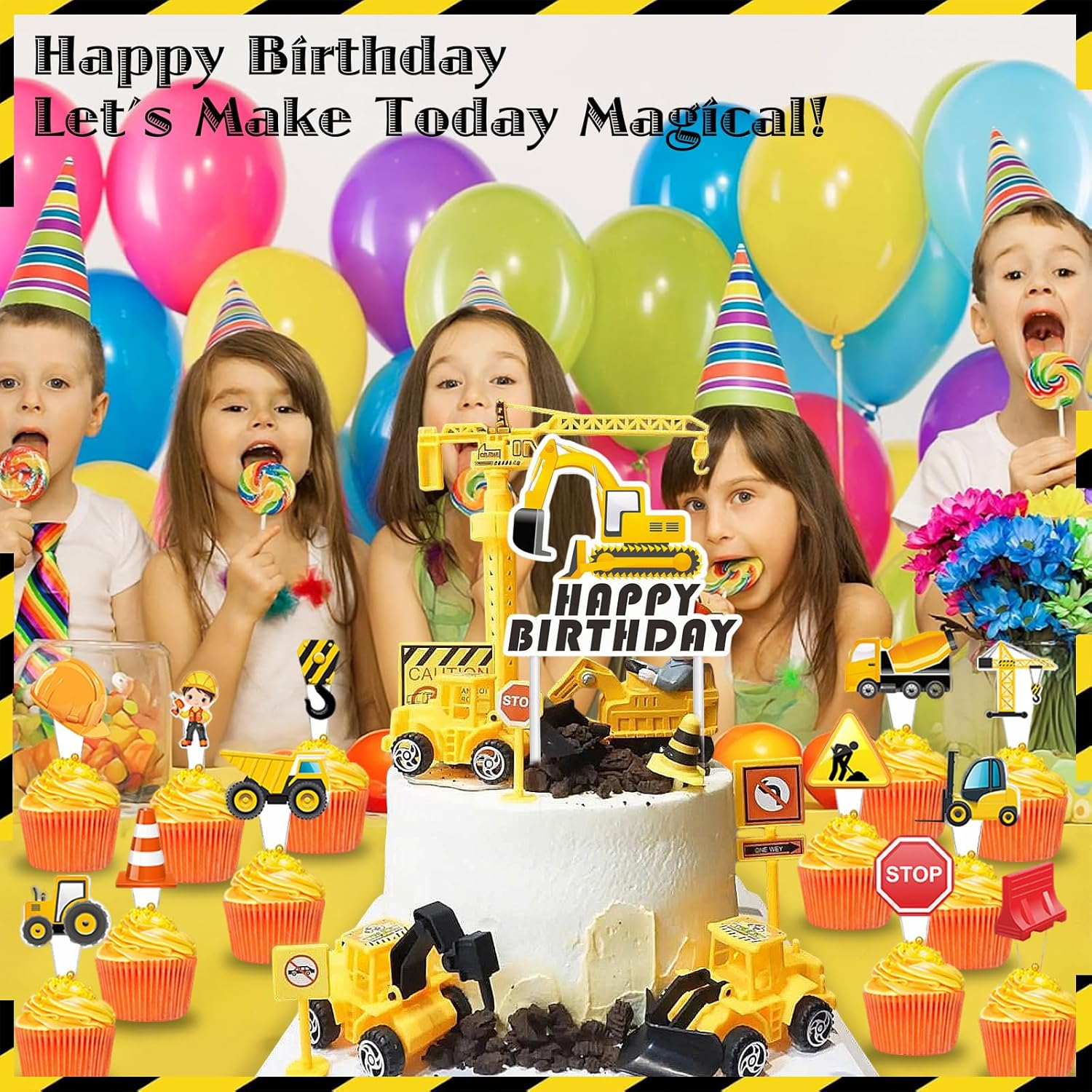 25 PCS Construction Digger Cake Topper Set - for Happy Birthday Party Supplies Boys Birthday Party Decorations image number 1