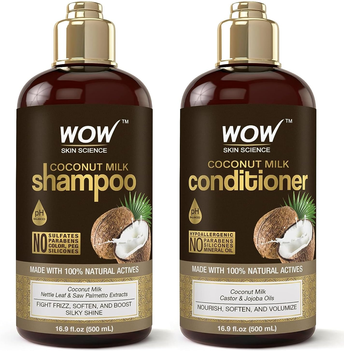 WOW Skin Science Coconut Milk Shampoo and Conditioner Set - 1 Ltr - Coconut Shampoo & Coconut Conditioner Set - Shampoo Conditioner Set Paraben Sulfate Free - Shampoo & Conditioner Set for Curly Hair