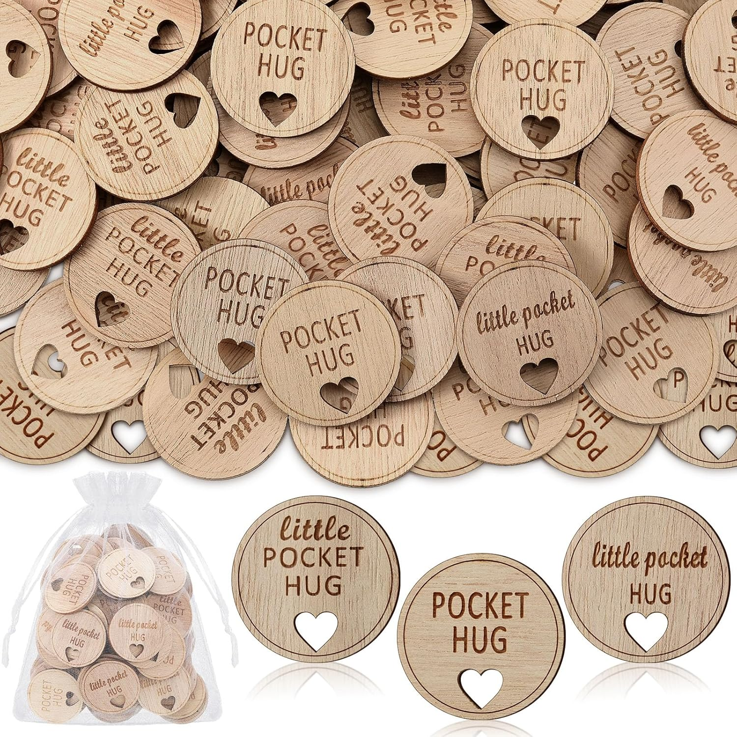 Croblissful 150 Pcs Wooden Pocket Hug Token Bulk with 3 Pcs Organza Bags Remembrance Little Heart Star round Pocket Hug Keepsake for Family Birthday Celebration of Life Funeral Love Gifts (Star)