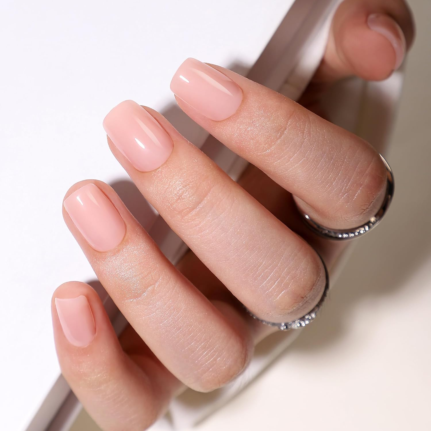 Anglicolor Square Ombre False Nails - Short Soft Gel Fake Nails with Glue, 15 Sizes - Set of 30 Reusable False Nails (Nude-A2, 30PCS)