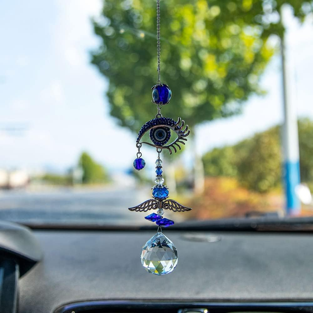 MENGSOOD Evil Eye Car Hanging Ornament for Rear View Mirror - Good Luck Charm Window Sun Catcher Amulet for Protection & Blessing (1Pcs round Blue)