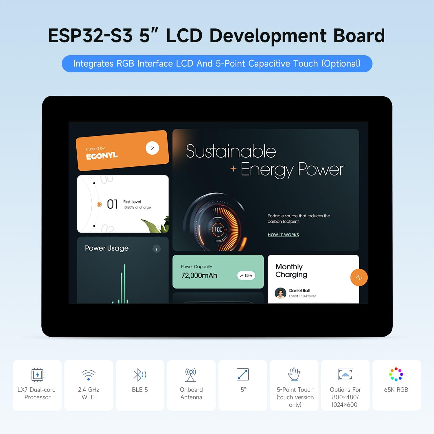 Waveshare ESP32-S3 5Inch Display Development Board, 800&times;480, 32-Bit LX7 Dual-Core Processor, up to 240Mhz Frequency, Supports WI-F & Blue-T, with Onboard Antenna, No Touch
