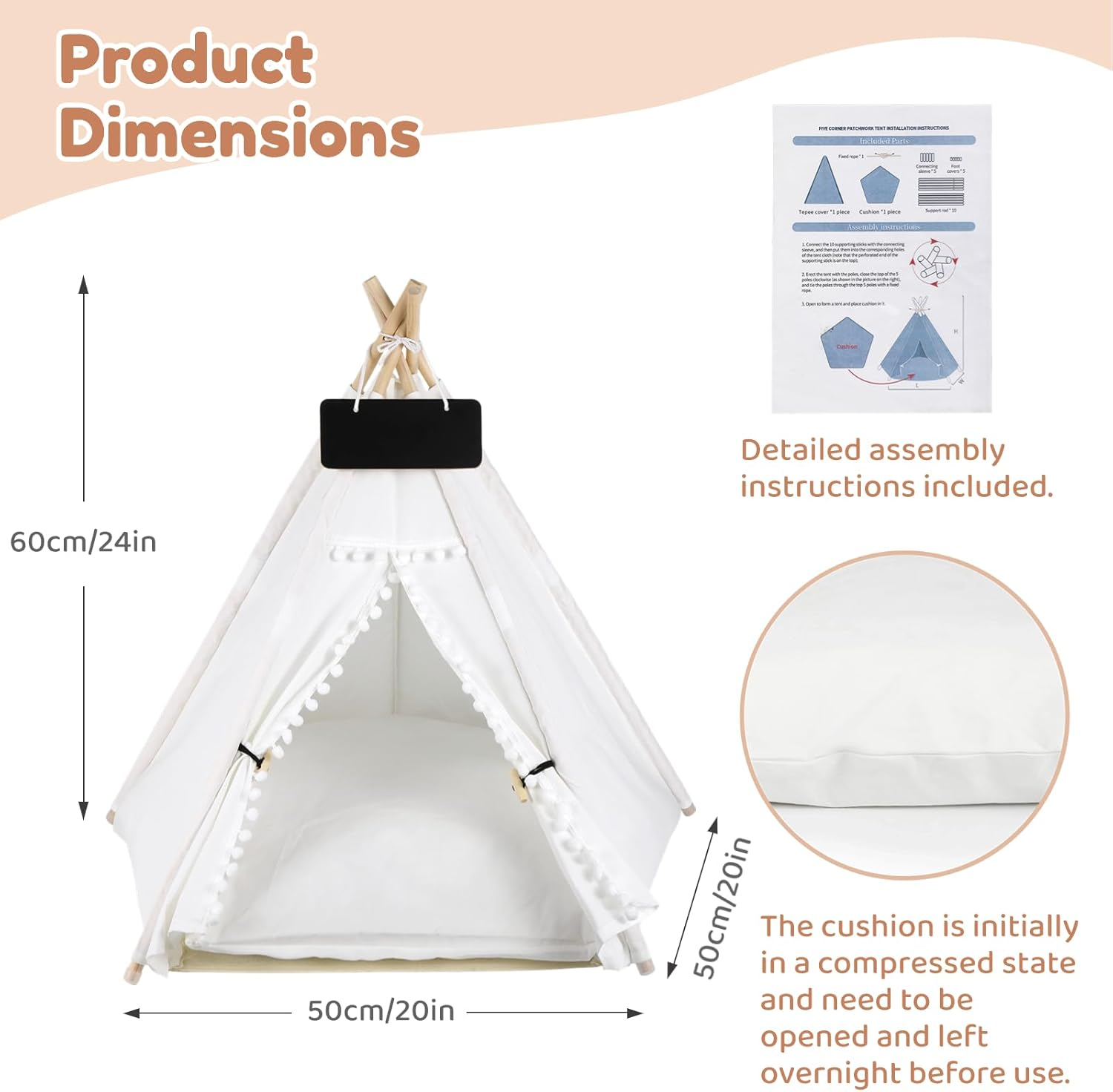 Pet Teepee for Cats Dogs - 20 X20 X 24In Cat Teepee with Thick Cushion for Cats Dogs Rabbits, Washable Dog Tent with Blackboard, Indoor Pet House for Puppies, White image number 4