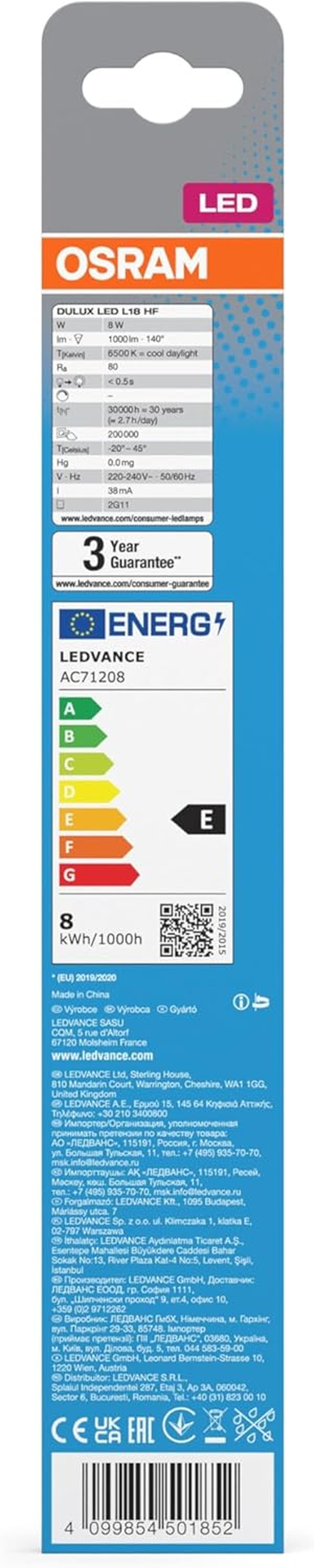 OSRAM DULUX LED Tube L18 2G11 8W Cool White 1000LM IP20 Compact Fluorescent Replacement for EVG Lights 4 Pin Base White Glass 44Mm