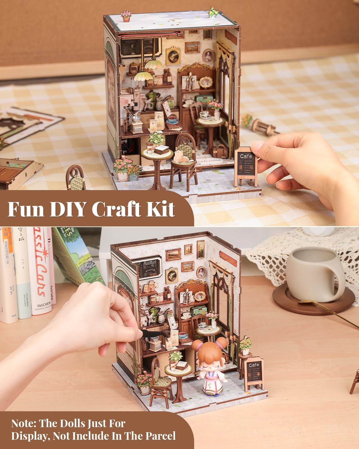 CUTEBEE Book Nook Kit - DIY Miniature House Dollhouse Kit for Adults and Teens, Booknook Tiny House Bookshelf Decor 3D Wooden Puzzle for Family, Friends (Sunny Cafe) image number 5