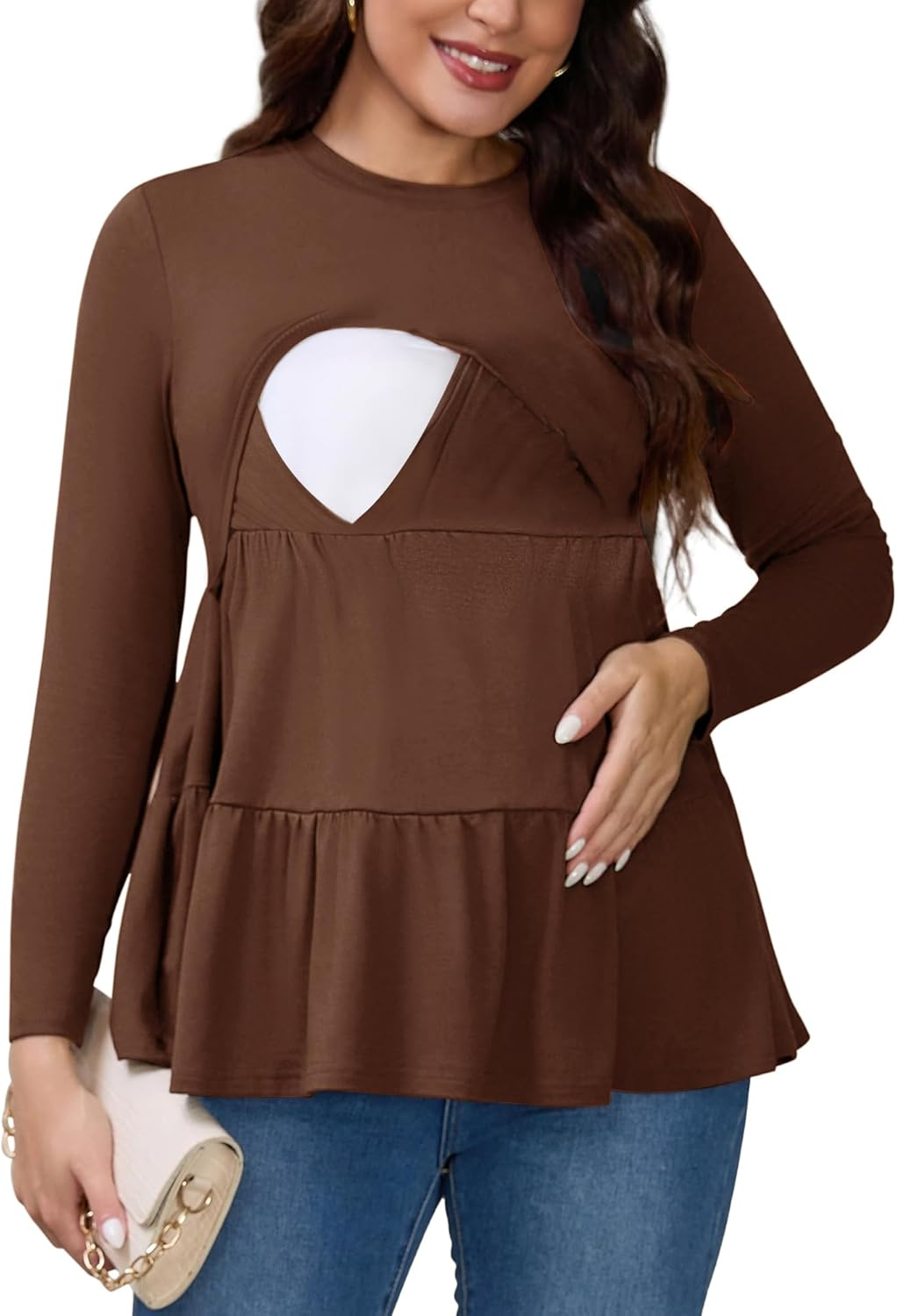 Cheibear Womens Nursing Top Ruffle Pleated Long Sleeve Tunic Rayon Postpartum Breastfeeding Shirt Pregnancy Clothes Brown Large