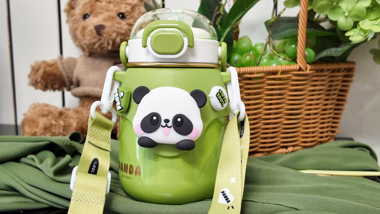 Landofgenie Insulated Stainless Steel Straw Water Bottle Cute Panda Shaped Cup Adjustable Strap Portable Handle Drinking Bottle for Gym, Hiking, School, Office, 24 Oz （Green） image number 1
