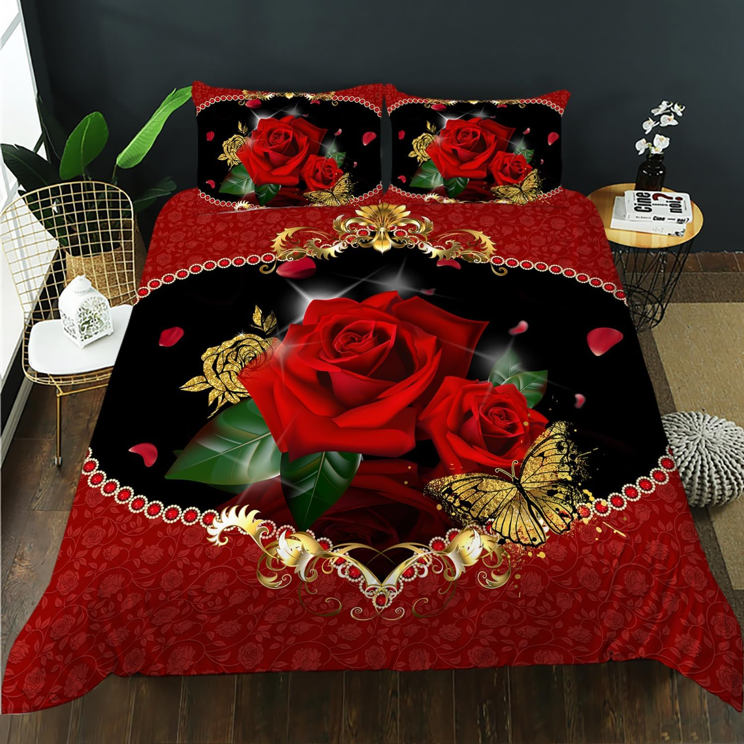 AILONEN Red Rose Duvet Cover King Size, 3D Oil Red Rose Bedding Set for Girls,Romantic Flower Comforter Cover,1 Quilt Cover 2 Pillowcases 3 Piece,Soft Microfibre image number 7