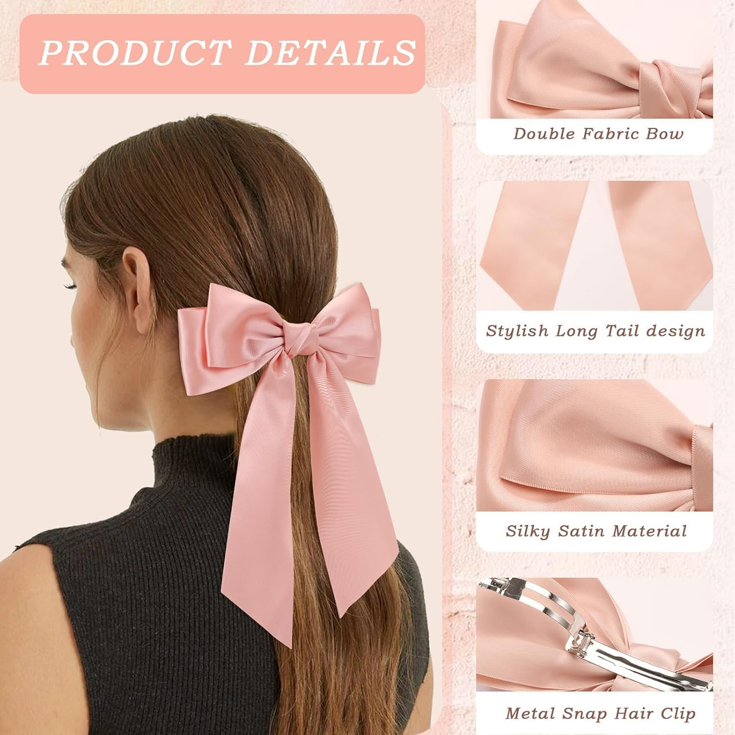 Silky Satin Hair Bow Clips for Women, 6Pcs Large Satin Bow Hair Slide Clips, Long Silky Satining Big Bow Hair Clip, Big Bow Hair Clips Solid Color image number 3