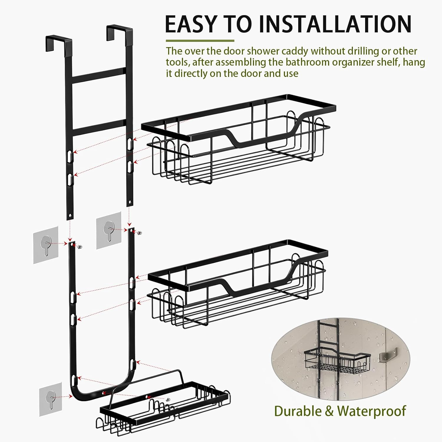 Over the Door Shower Caddy, 3 Tier Hanging Shower Organizer, Metal Hanging Shower Caddy Shower Shelf with Soap Holder and 16 Hooks, Rustproof Bathroom Shower Storage Rack Basket, No Drilling, Black image number 3