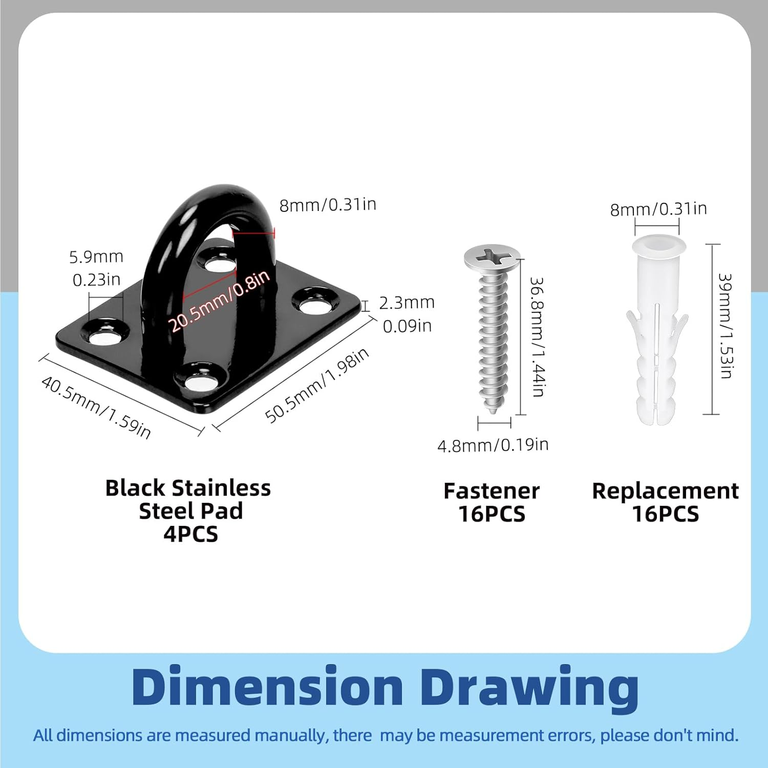 Glarks 36Pcs M8 Stainless Steel Pad Eye Plate Hook Kit, Square Eye Plate U Hooks Heavy Duty Ceiling Hooks and Carabiner Clips Snap Hook for Ceiling and Mounting Hanging Hardware image number 2