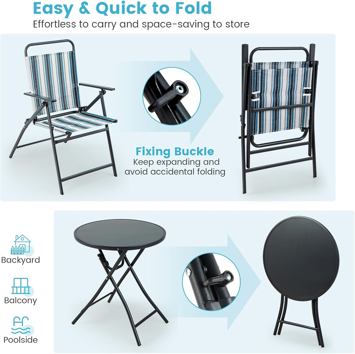 Costway 3 Piece Outdoor Folding Bistro Set, 2 Folding Chairs W/Folding Table, Heavy-Duty Metal Frame, Outdoor Dining Chair Set, Portable Folding Chair Set for Backyard, Poolside, Balcony image number 6