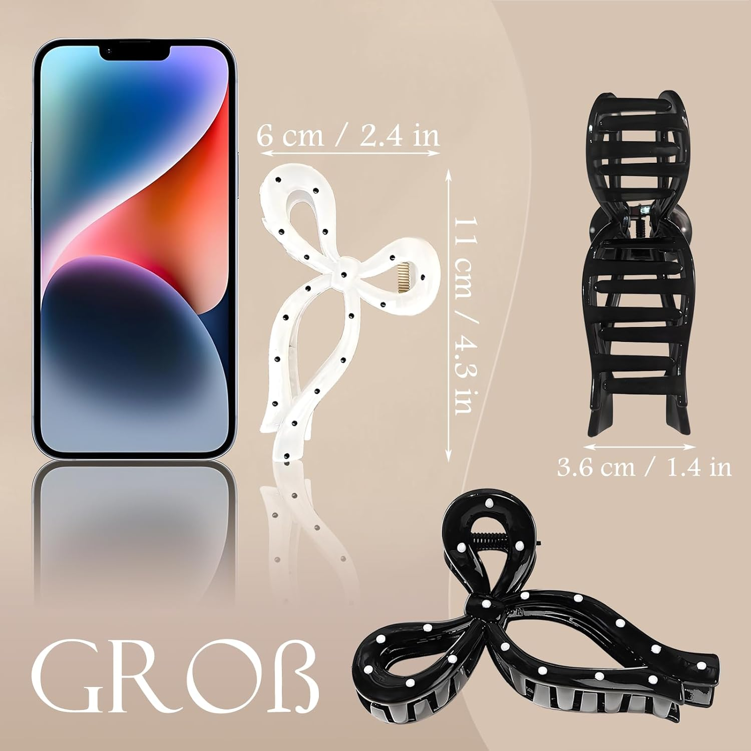 PUSCOBSY Hair Clips for Women Hair Clip Large for Thick Hair 11 Cm Hair Bow Hair Clips Non-Slip Strong Hold Hair Clip Wave Dot Black Beige image number 5