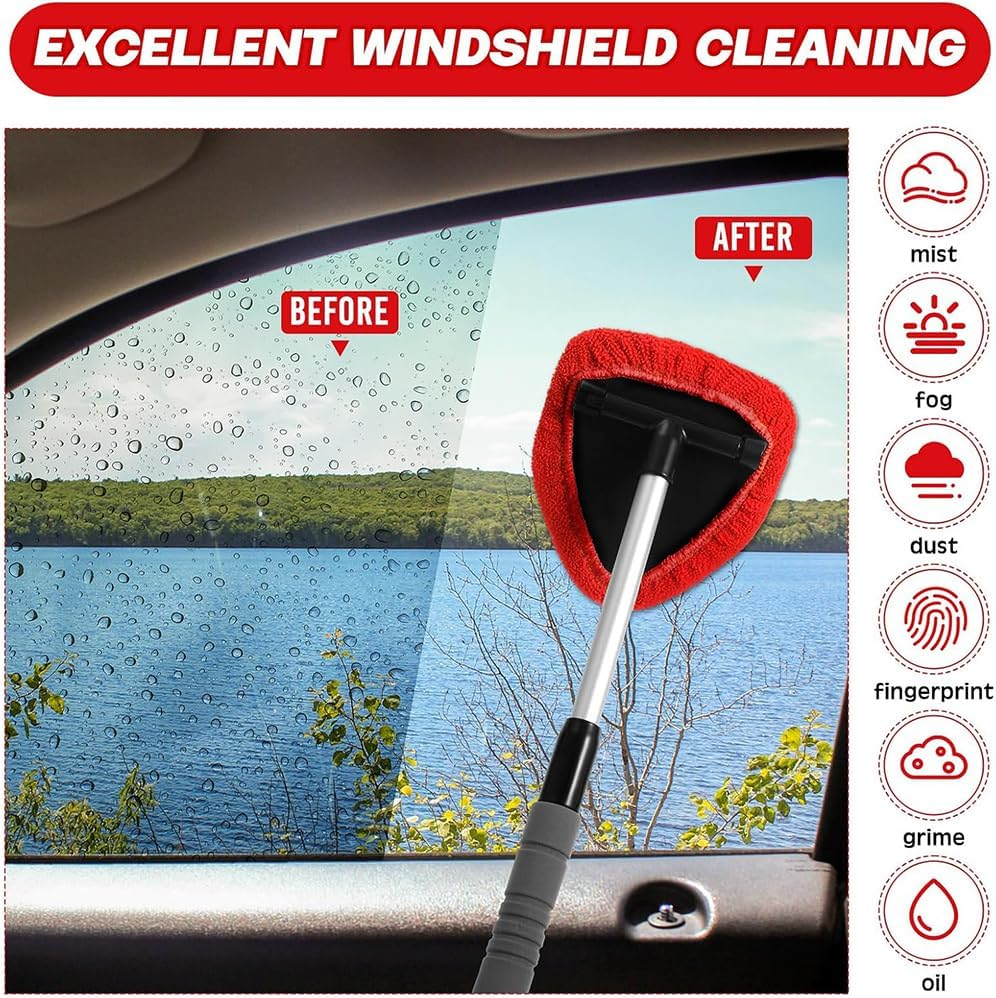9 Pcs Car Window Cleaner Kit with Extendable Handle Include Triangle Retractable EVA Pole 6 Red Cloth Covers Spray Bottle and Detail Brush for Car Detailing, Trucks, Suvs, Rvs & Home Windows image number 5