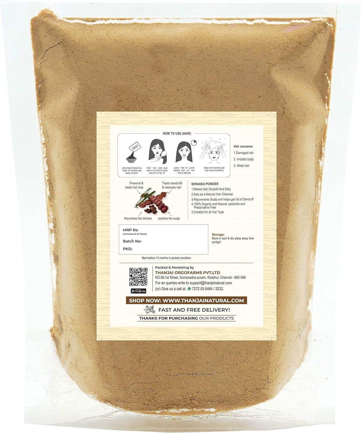 Thanjai Natural 100% Pure Shikakai (Acacia Concinna) Powder 500G for Hair Pack Powder for Damaged & Weak Hair | Excellent Hair Conditioner & Cleanser (250G X 2) image number 3