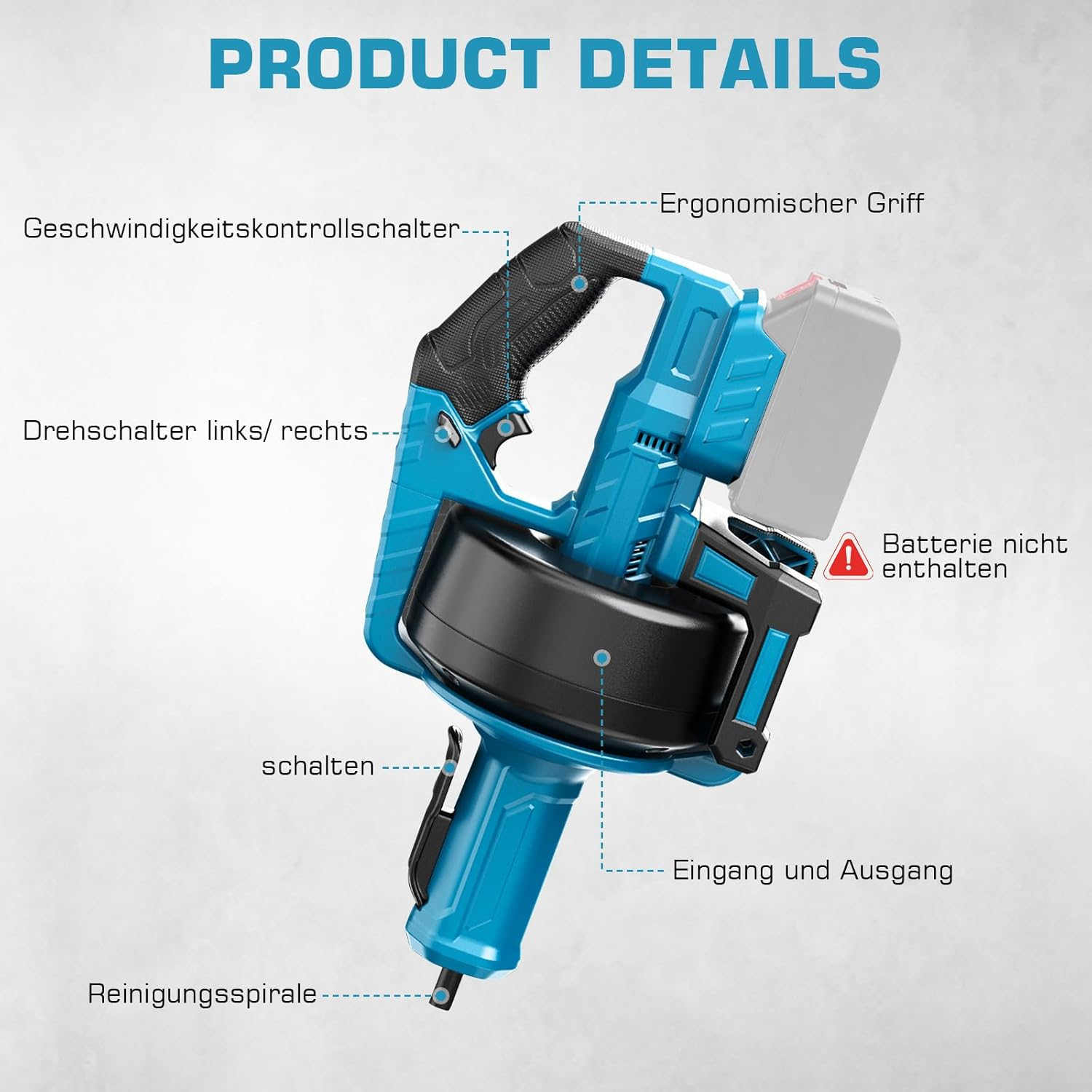 Battery Drain Cleaner Pipe Cleaning Machine Battery Compatible with Makita 18 V Battery, Diameter 9 Mm 7.6 M Pipe Cleaning Spiral for Diameter 16-85 Mm Pipe, Electric Drain Cleaner Pipe Cleaner image number 4