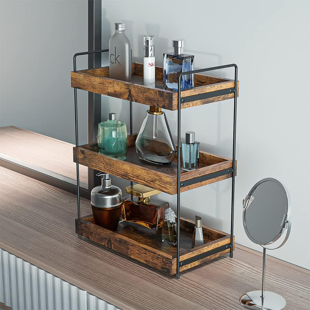 SANRETAHO Bathroom Counter Organizer, 3-Tier Wood Spice Rack Organizer for Kitchen Counter, Vanity Skincare Organizers Shelf for Bathroom Storage Organization, Rustic Brown image number 6