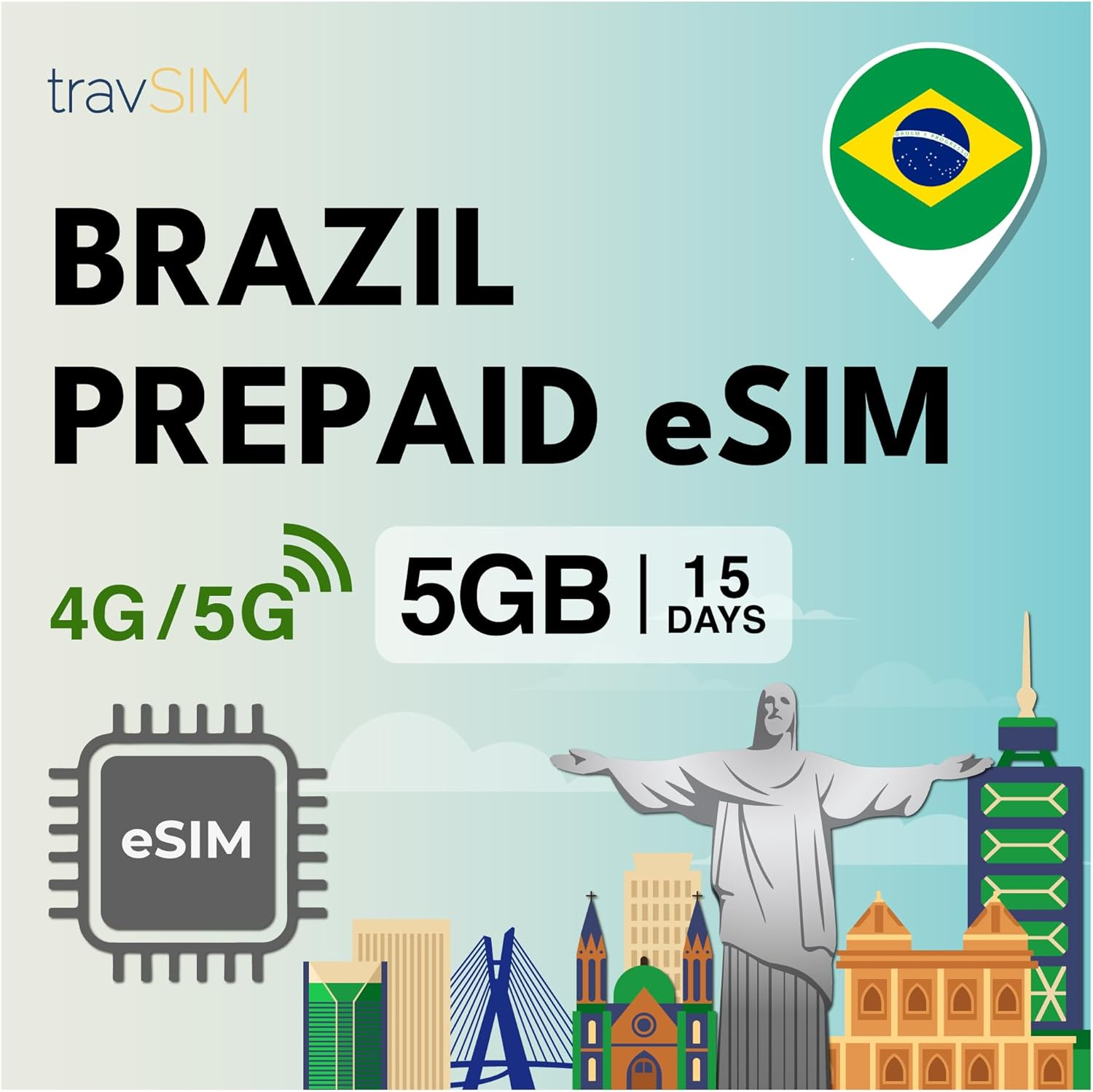 Travsim Brazil Esim | 5GB Mobile Data at 4G/5G Speeds | Unlimited Internet Access for Google, Facebook, Whatsapp and More | the Plan of the Brazil SIM Card Is Valid for 15 Days image number 1