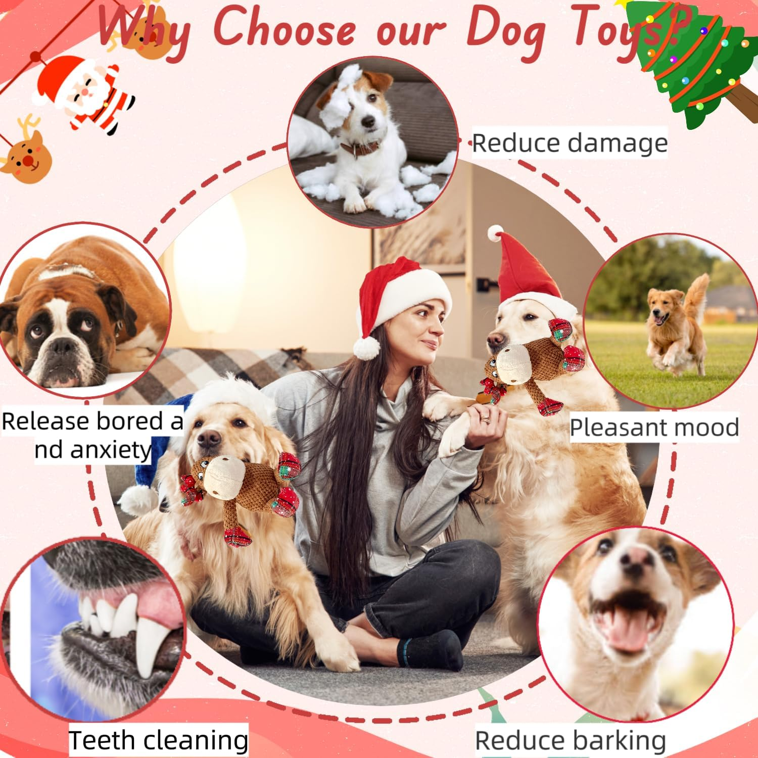 Christmas Dog Squeaky Toys with Crinkle, Xmas Interactive Plush Dog Toys, Dog Enrichment Chew Toys to Keep Them Busy, Dog Toys for Small Medium Large Dogs, Puppy Toys - Deer image number 5