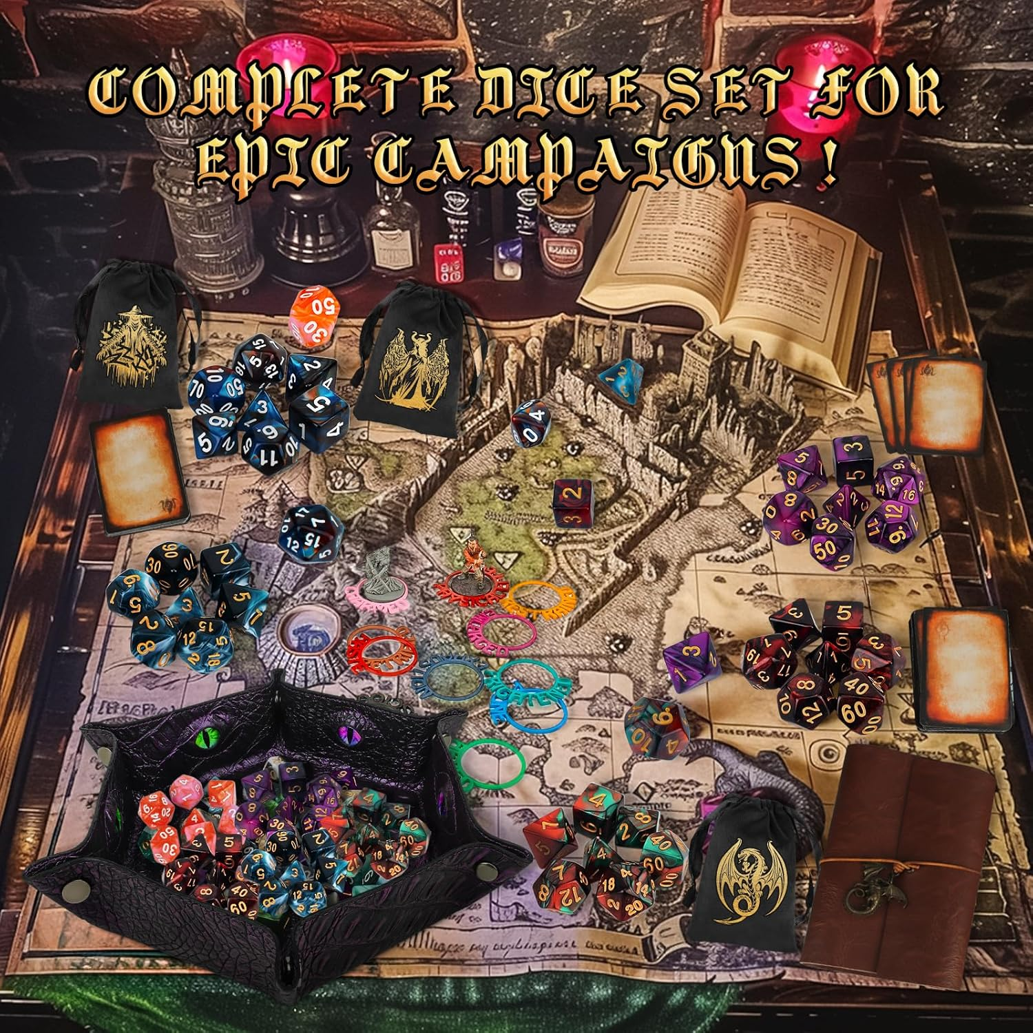 Byhoo DND Dice Set, 6 Sets Double-Colors Polyhedral Dice with 6 Drawstring Bags and Crocodile Pattern Dice Tray for RPG, MTG & Table Games, Ideal for DND Enthusiasts & DM