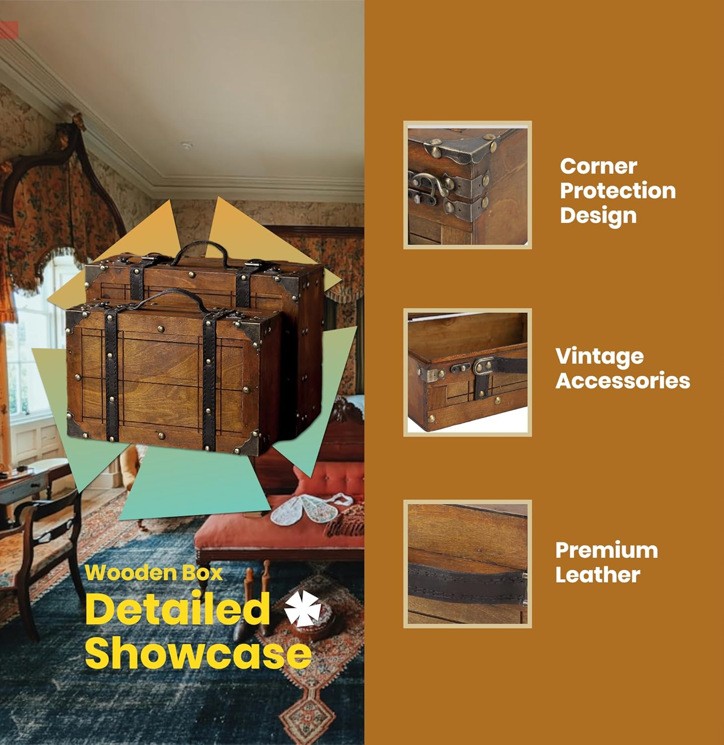 Wooden Chest Portable Vintage Distressed Multifunctional Wood Storage Trunk Handbag for Clothes Toys Photo Prop image number 3