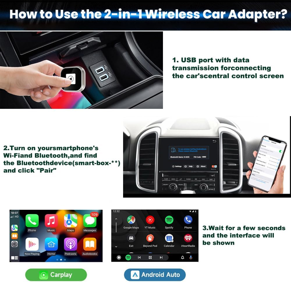 2025 Upgrade Wireless Carplay Android Auto Adapter, Plug & Play USB Dongle Design for Cars with Built-In Wired Apple Carplay, Compatible with Iphone & Android, Bluetooth 5.2, Dual-Band Wifi