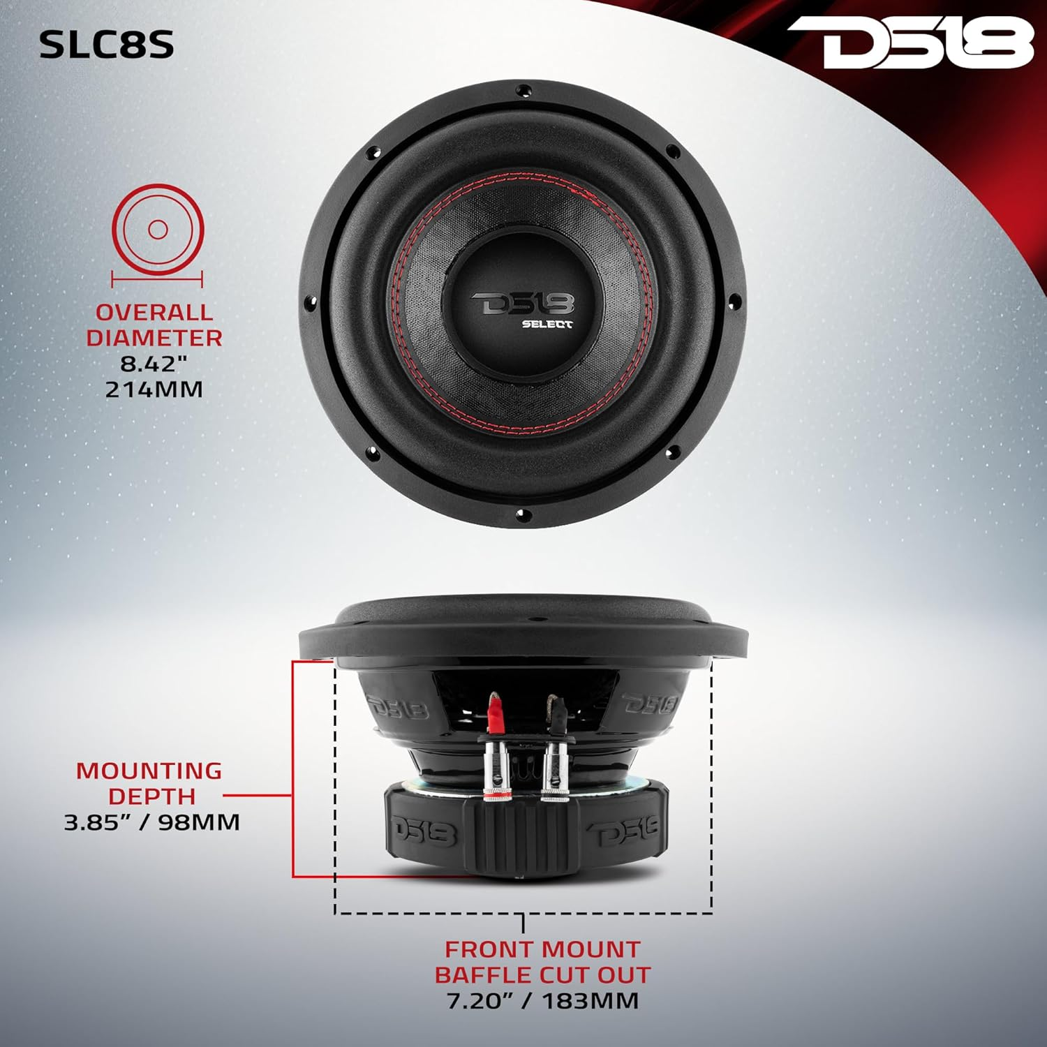 DS18 SLC-8S Subwoofer in Black - 8-Inch Speaker, 400W Max Power, 200W RMS Power, Aluminum 4 Layer Voice Coil, Black Steel Frame, SVC, 4 Ohm Impedance, Ferrite Magnet (1 Speaker) (SLC8S) image number 1