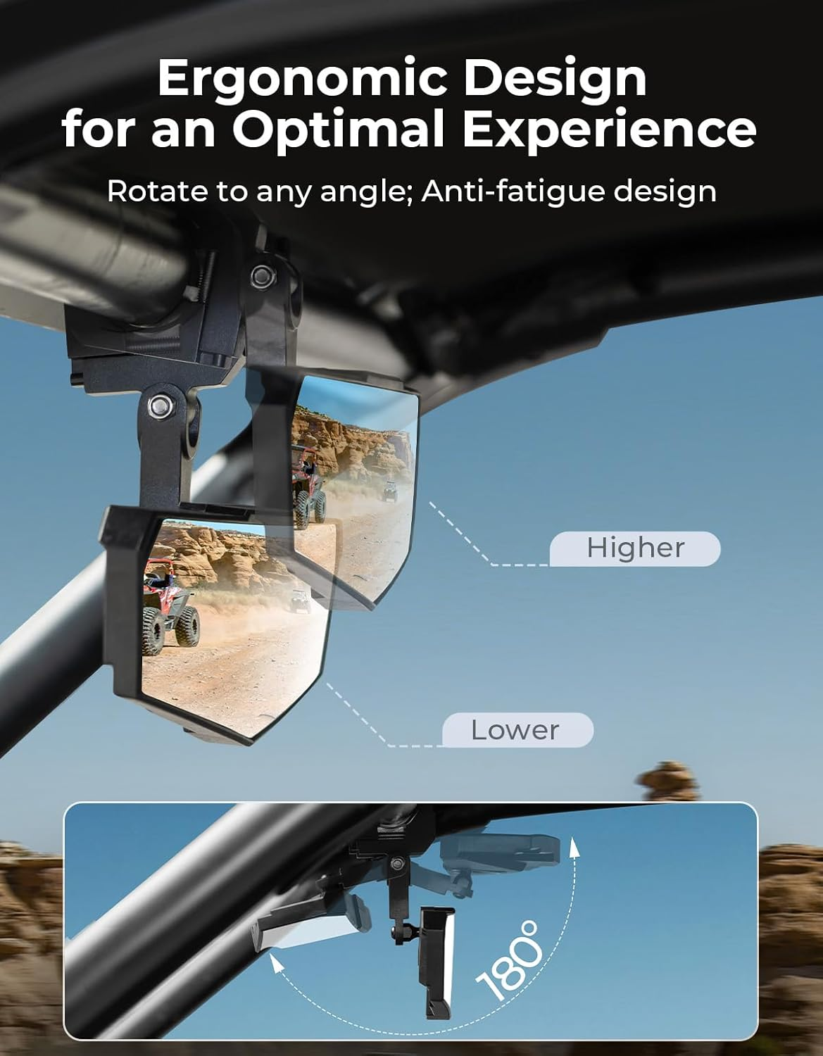 KEMIMOTO UTV Rear View Mirror, SXS UTV Mirror Clear View with 1.5-2 Inch 360&deg; Adjustable Low Profile Aluminum Clamp Compatible with Polaris RZR 1000 Pioneer Talon Kawasaki KRX Mule Can Am X3 Zforce image number 1