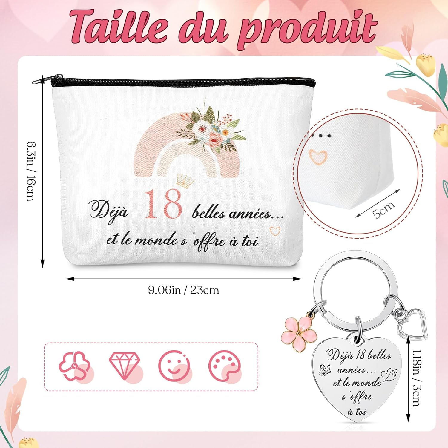 Xuniea 18Th Birthday Gift for Girls Cosmetic Bags with Zipper and Flower Pendant Keychain Funny Birthday Gifts for Women, Classmates, Friends, Niece, White, Fashion image number 5