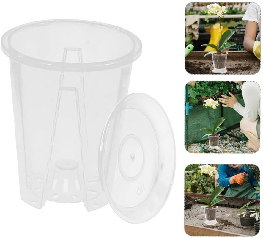4 Pcs Clear Orchid Pots, 10Cm (3.9 Inch) Small Plastic Pots with Holes and Saucers for Plants, Breathable Slotted Plant Pot with Tray image number 1
