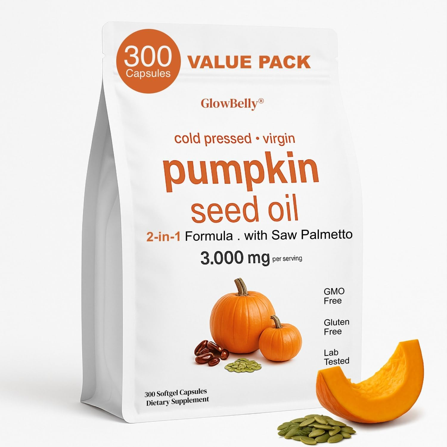 Pumpkin Seed Oil + Saw Palmetto | Cold Pressed Virgin Oil 3000Mg | 300 Softgels | Non-Gmo, Gluten Free by Glowbelly image number 5