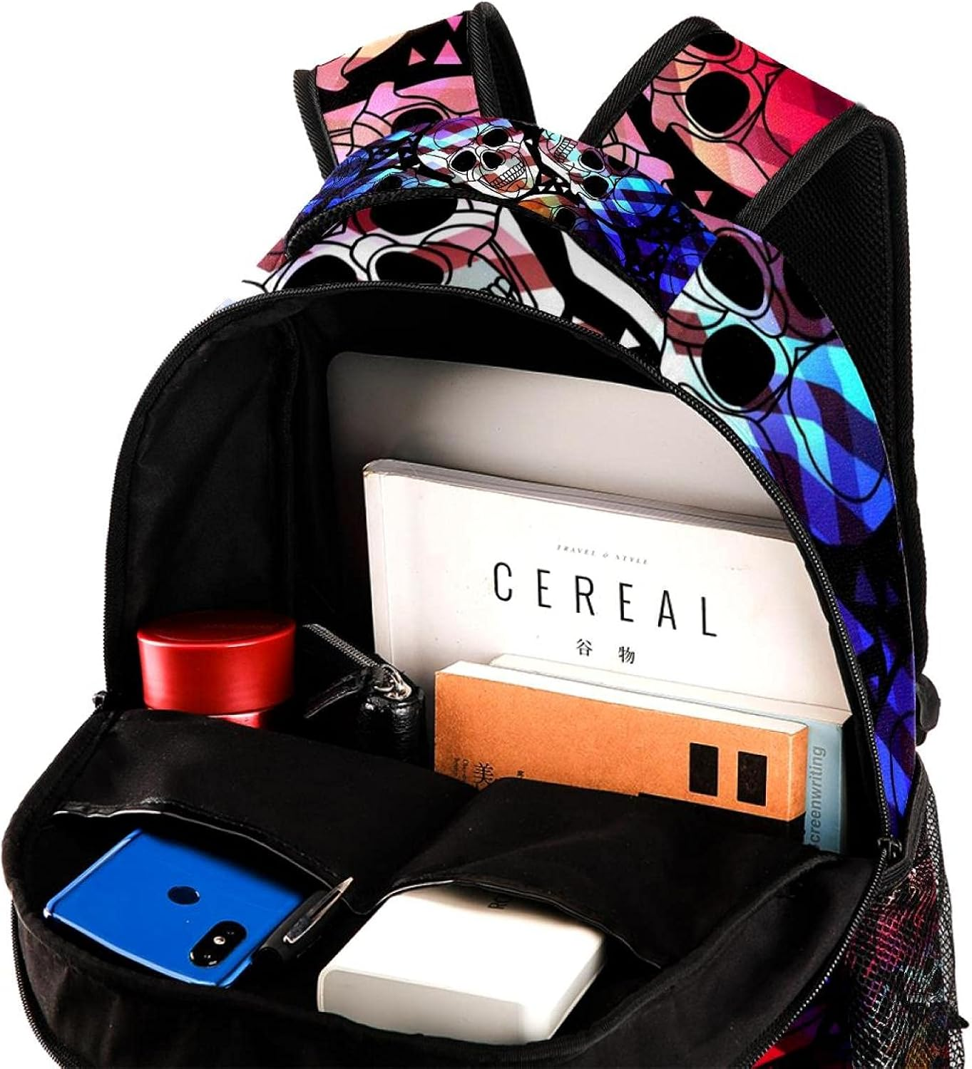 Colorful Aurora Gothic Skull with Polygonal Ornament Pattern with Zigzag Lines Backpack Students Shoulder Bags Travel Bag College School Tote Backpacks image number 1