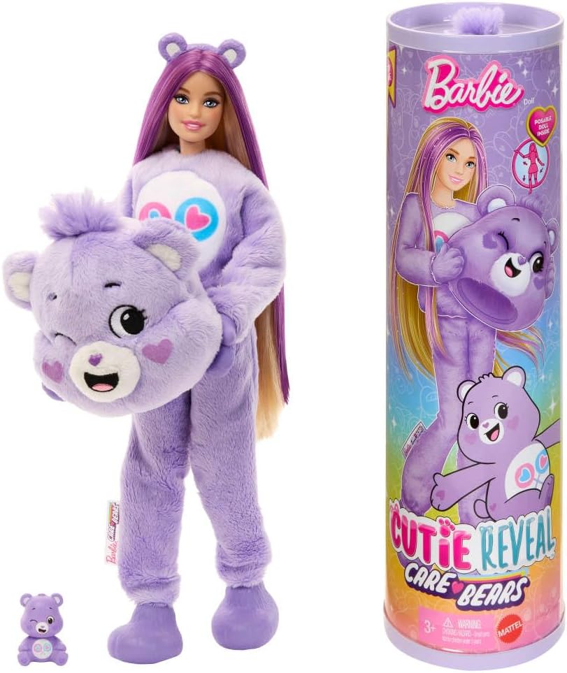 Barbie Cutie Reveal Care Bears Series Doll & Accessories Set with Cheer Bear Plush Costume & 10 Surprises Including Color Change & Mini Bear